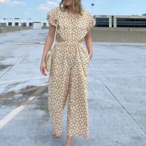 Rebecca Taylor Wide Leg Cut Out Jumpsuit SIZE 2 Mustard Floral Designer $400d